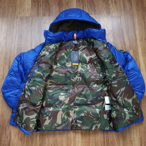 Polo Ralph Lauren Hooded Down Jacket Sportsmen 750 Fill Blue/Camo Sherpa Hood - Picture 3 of 7